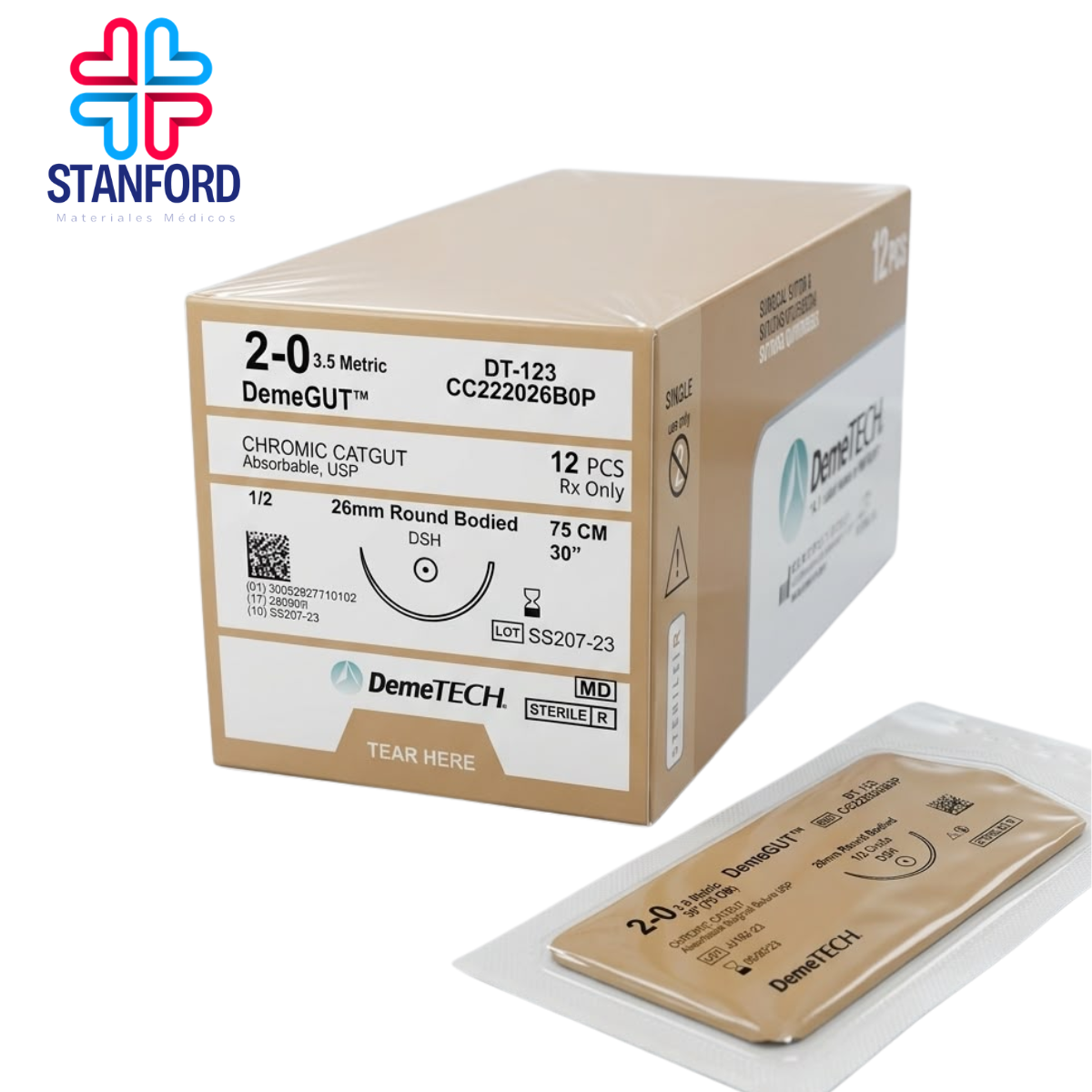 CATGUT 2/O CROMICO DEMETECH 75 CM 26MM 1/2 PZA